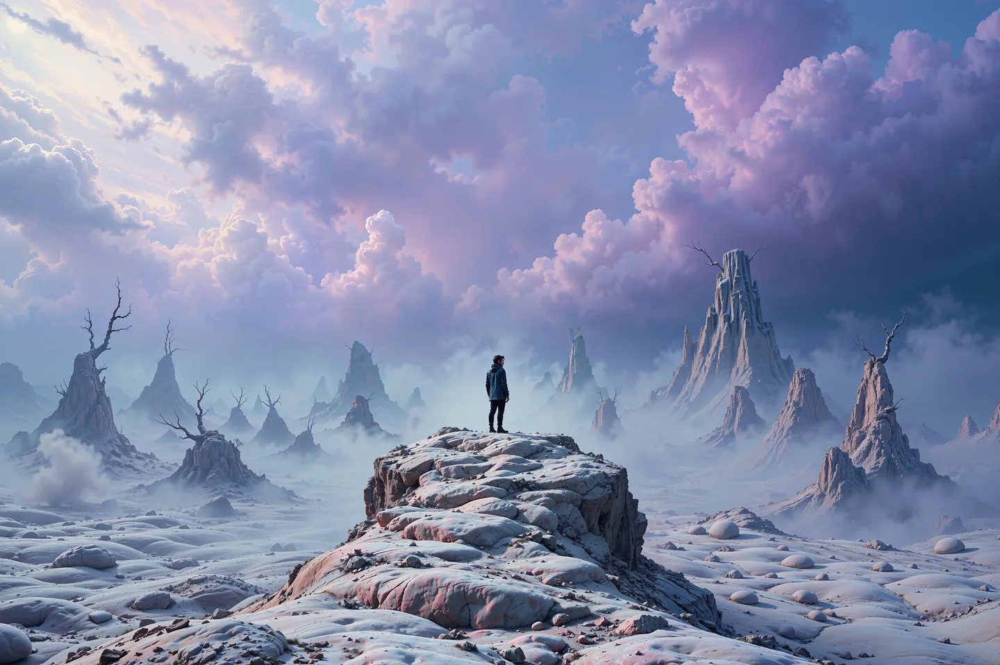 A surreal dreamscape featuring a lone figure standing on a rocky, spongy terrain under vast purple skies filled with billowing clouds and surrounded by mystical rock formations and mist.