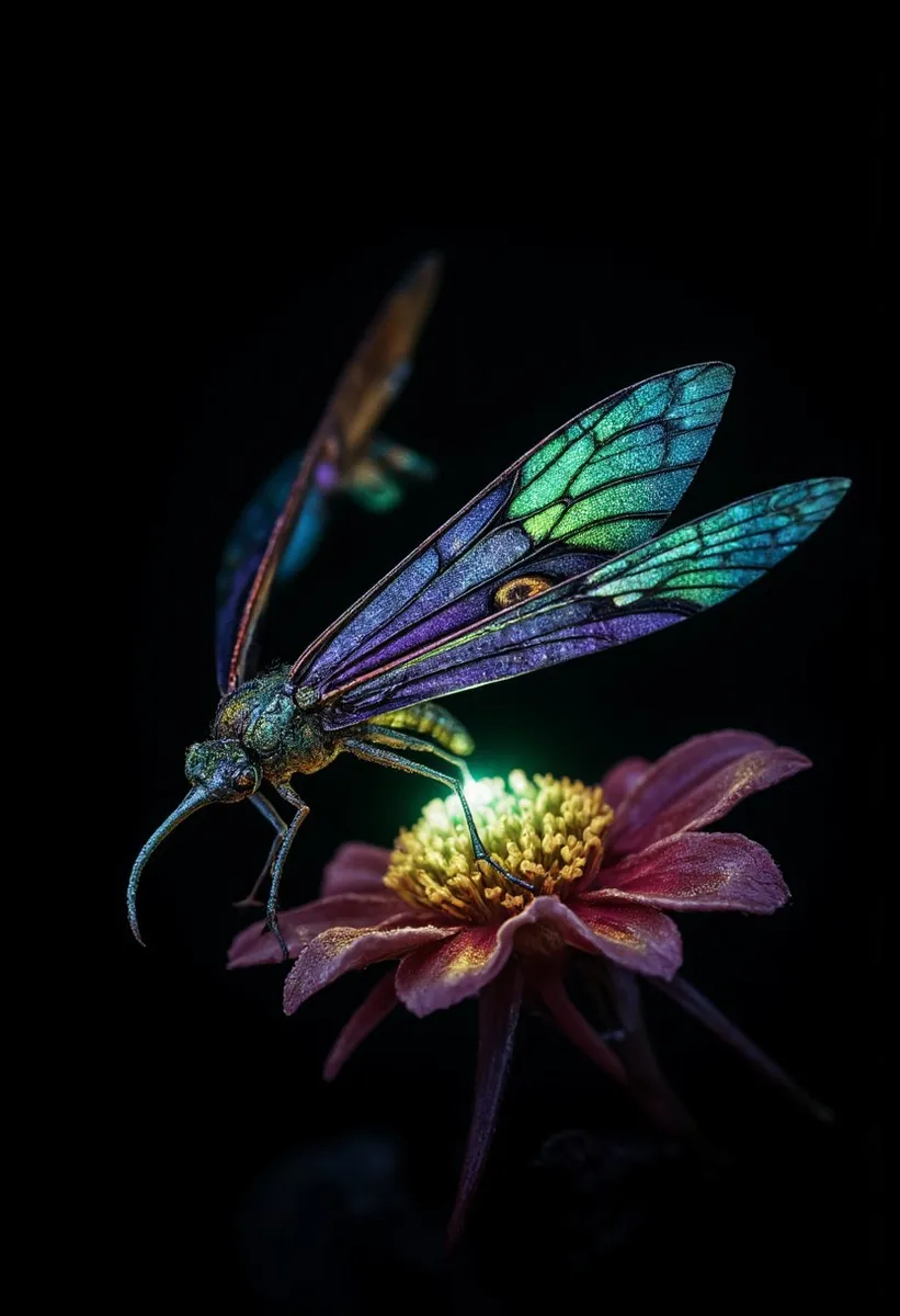 A hyperrealistic hummingbird-moth chimera with iridescent violet and green wings, perched on a glowing bioluminescent flower against a black background.