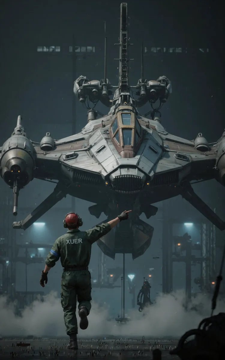 CGI render of a XUER pilot in green jumpsuit pointing at a large futuristic industrial aircraft hovering indoors with mist and atmospheric moody lighting.