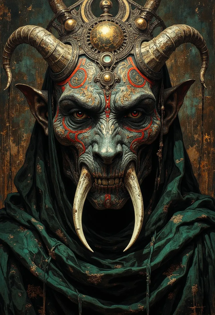 Ornate mask featuring metallic tusk-like protrusions, intricate swirling patterns, crescent moons, gemstone accents, and crowned with a regal ceremonial headpiece, draped in dark green fabric under moody lighting.