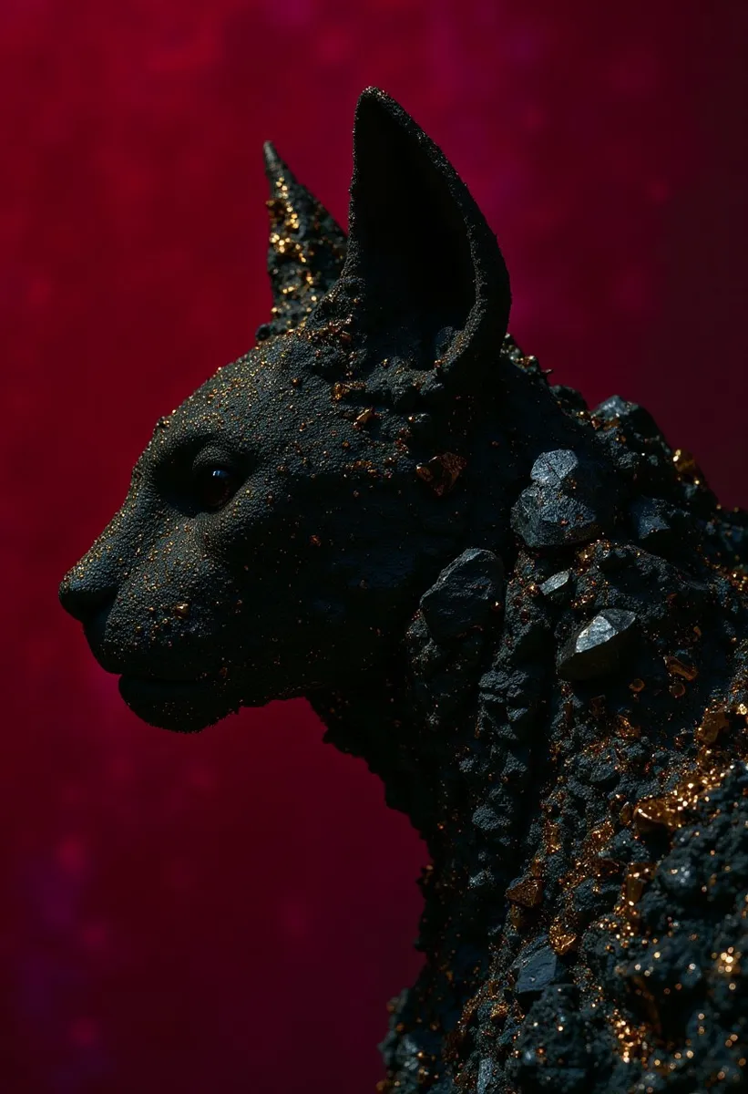 Profile side view of a black cat made from rough obsidian crystals with gold flecks, set against a dark crimson gradient background with chiaroscuro lighting.