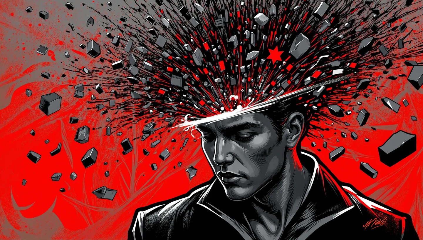 Black and red graffiti-style artwork of a man with his head exploding into many small circuit board fragments spreading outward.
