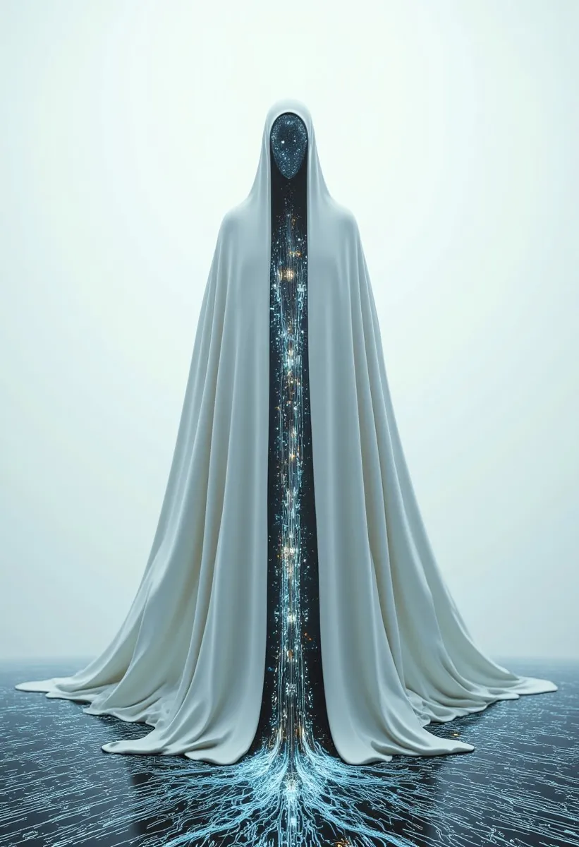 Hyper-realistic spectral figure in a flowing white cloak standing on a glowing circuit board with a faceless, reflective surface in an ethereal white void.