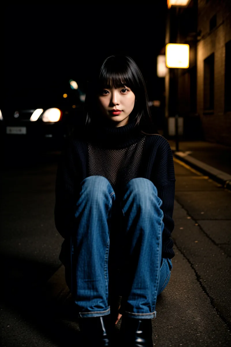 Portrait of a girl sitting on a night city street wearing a blue turtleneck sweater, dark denim jeans, and leather boots, facing the camera.