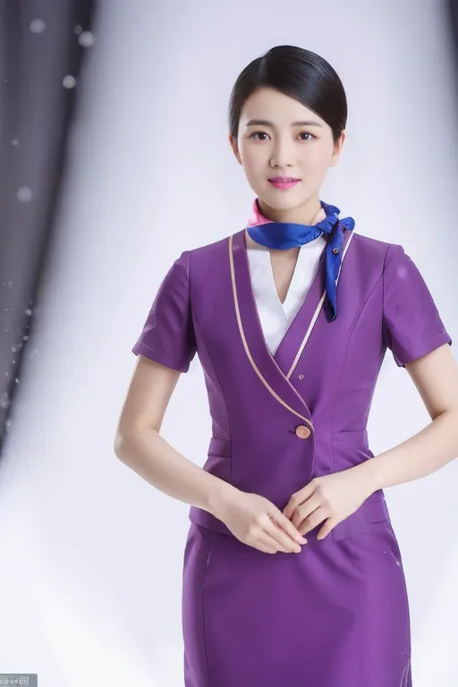 Portrait of a young woman wearing a purple dress and a blue scarf, standing indoors with a neutral background, smiling gently at the viewer.