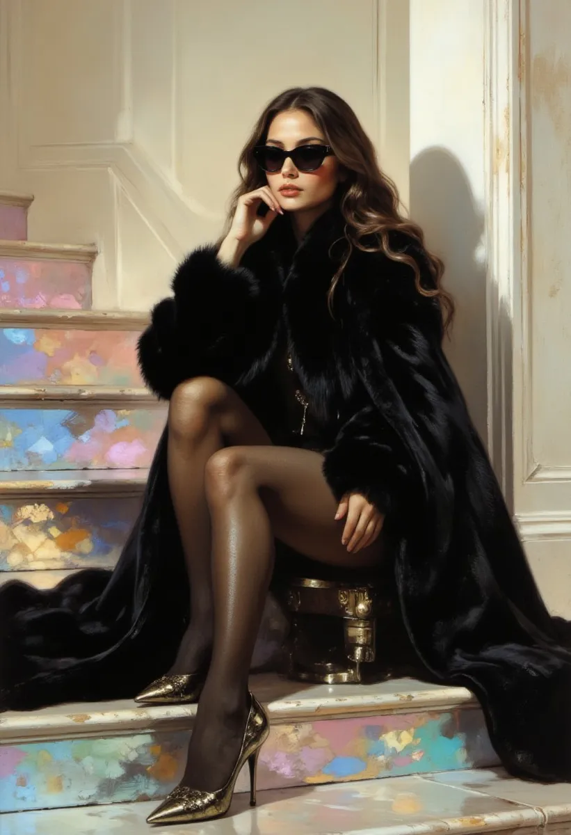 A stylish woman wearing a black luxurious fur coat and sheer black pantyhose sits elegantly on an iridescent-colored staircase, wearing gold-accented high heels and dark sunglasses.