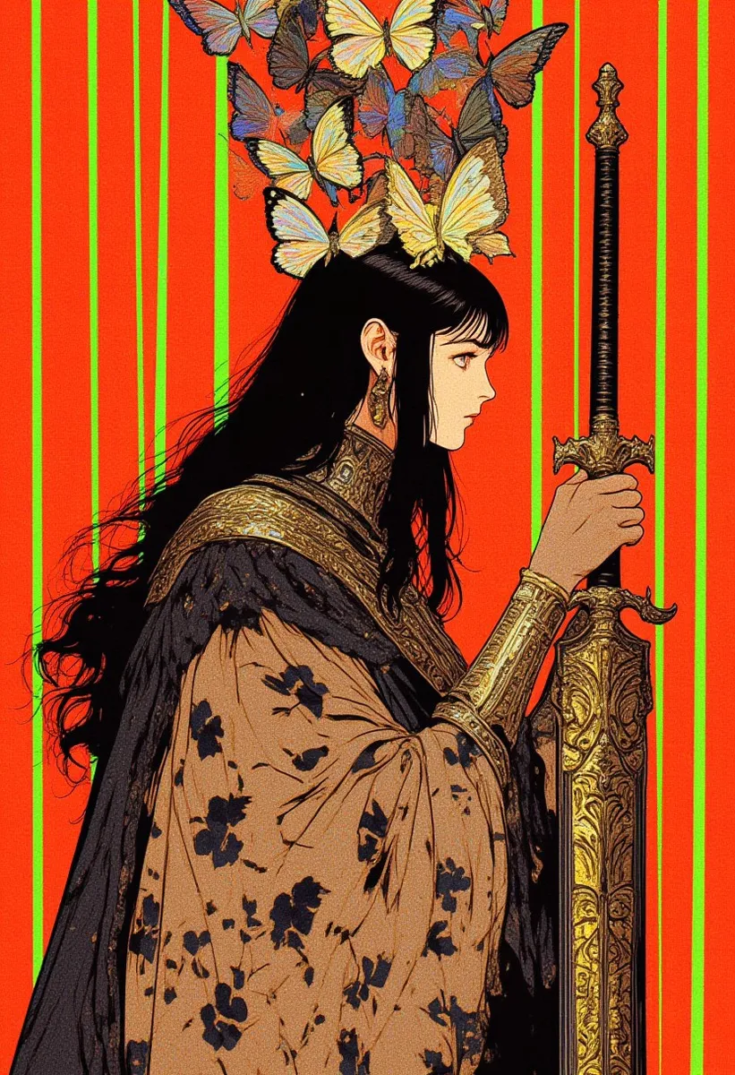 A detailed digital portrait of a woman in profile holding an ornate sword, surrounded by luminous butterflies, with a vibrant orange and lime-green striped background.