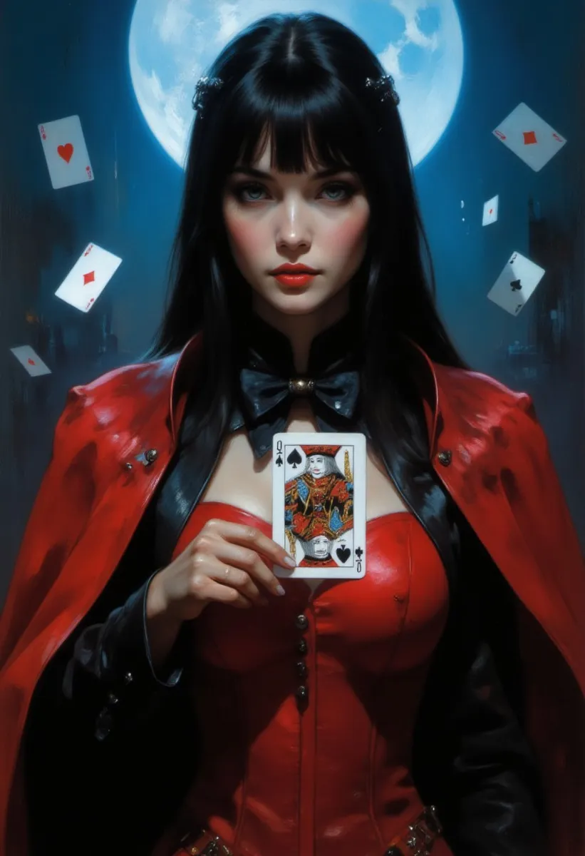 A digital portrait of a young woman in a vibrant red magician's outfit holding a playing card, with jet-black hair and mysterious cinematic lighting.