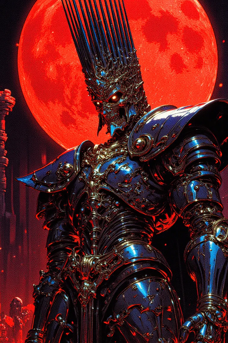 Hyper-detailed 90s anime style Skull Knight wearing dark, shiny chrome armor with long upward-pointing spikes on a surreal crown, standing before a massive blood-red moon in a dramatic low-angle pose.