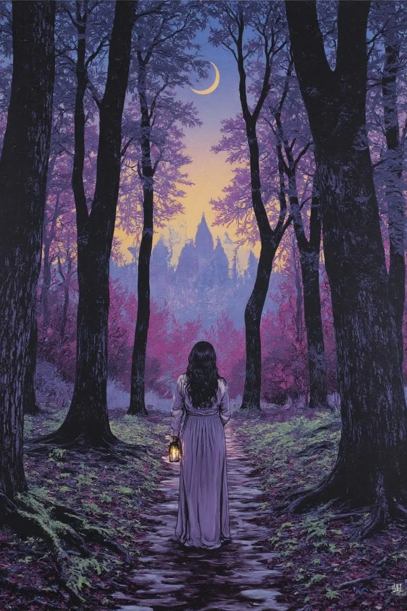 A mystical twilight forest scene in Shepard Fairey style, featuring a woman in a lavender dress holding a glowing lantern under a crescent moon amid purple and blue trees.