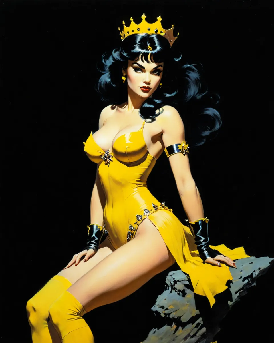 A fantasy art depiction of a yellow-clad princess with black flowing hair and a crown, sitting against a black background in Frank Frazetta style.