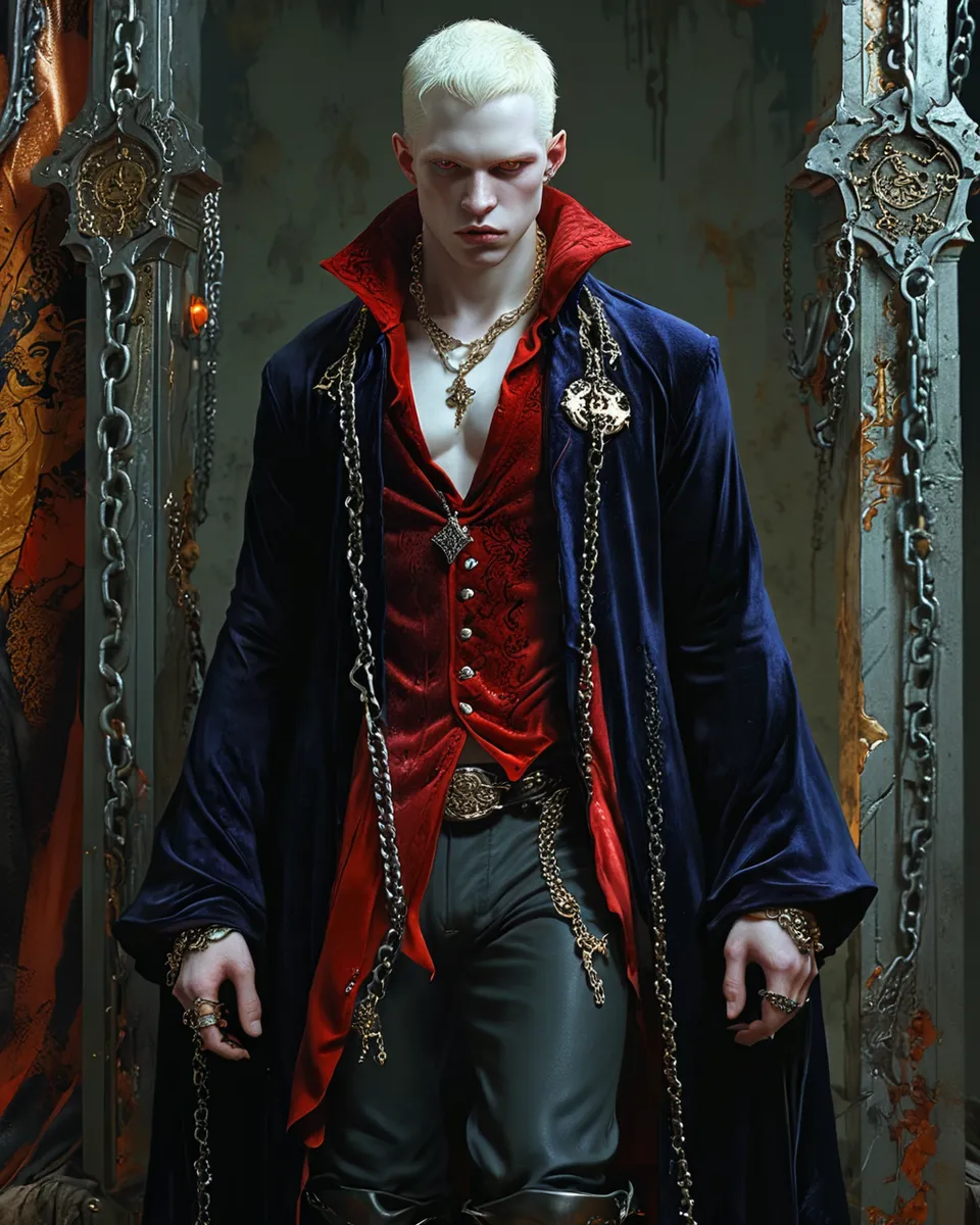Hyperrealistic digital painting of a male vampire with pale albino skin wearing a deep blue velvet robe and red vest, adorned with chains and intricate gold jewelry, standing in a gothic crypt.