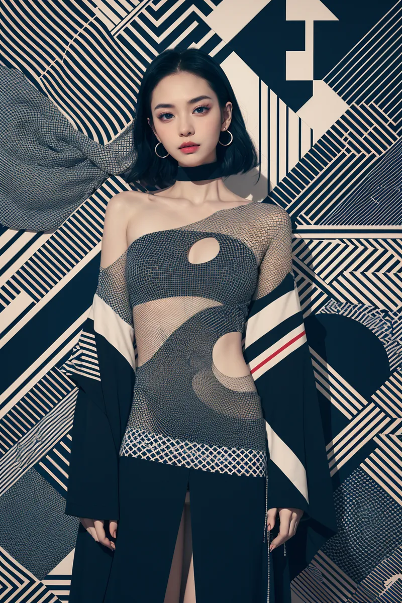 Female model in geometric design outfit with abstract black and white patterned background