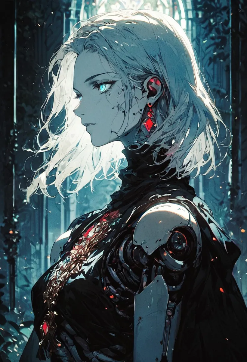 Profile view of a sexy robot girl with white hair, glowing blue eyes, cybernetic arm, and detailed red jewelry in a cinematic forest background.