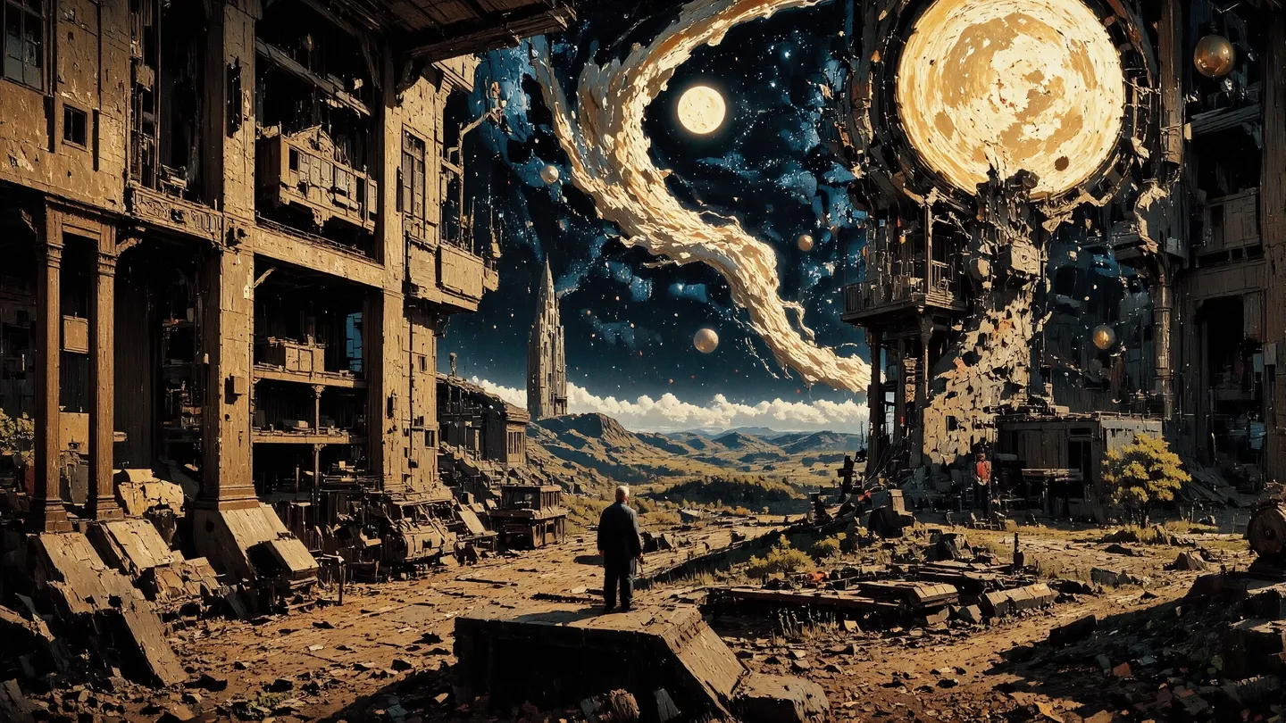 Surreal detailed warehouse ruins under a starry space sky with a large glowing moon, a man standing amidst the debris in an intricate multilayer painting style.