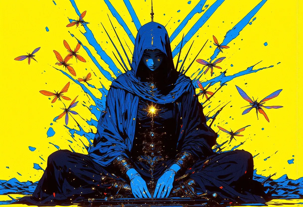 A blue hooded figure sits meditating in a lotus pose against a bright yellow backdrop. Surrounding the figure are neon dragonflies, with blue paint splash effects radiating outward.