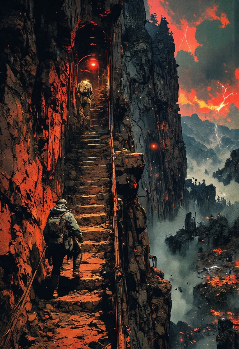 An explorer in rugged gear ascending a steep, weathered stone staircase carved into a tall mountain cliff, illuminated by crimson sunset and distant lightning.