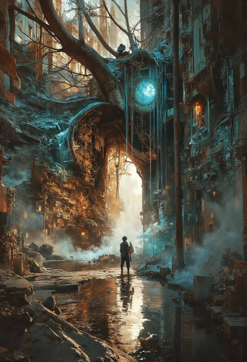 A surreal urban scene featuring an isolated figure standing on a reflective wet street surrounded by towering, textured buildings intertwined with large tree roots and glowing fractal patterns.