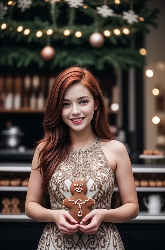 Smiling redhead girl wearing a detailed gingerbread dress holding a gingerbread cookie, with a festive Christmas cafe background and soft lighting.