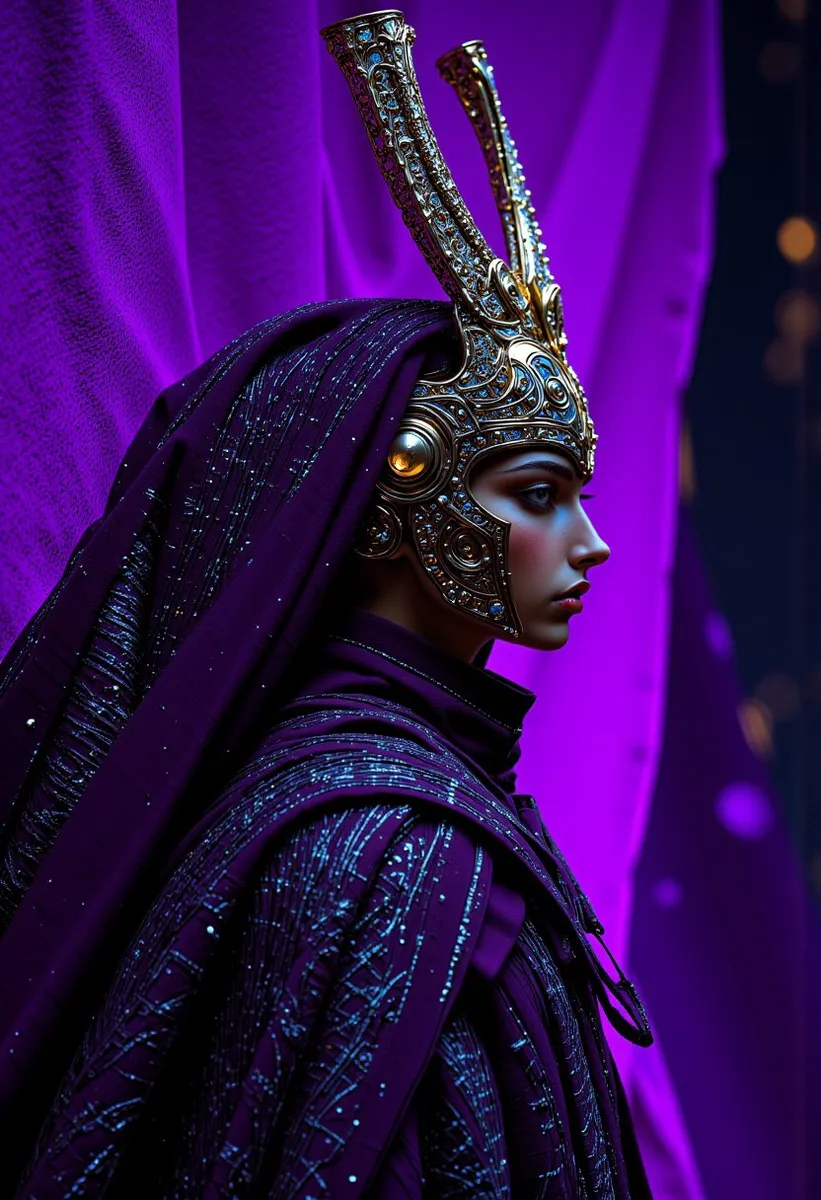 Side profile of a person wearing a regal purple costume with intricate golden ornate helmet against a purple backdrop.