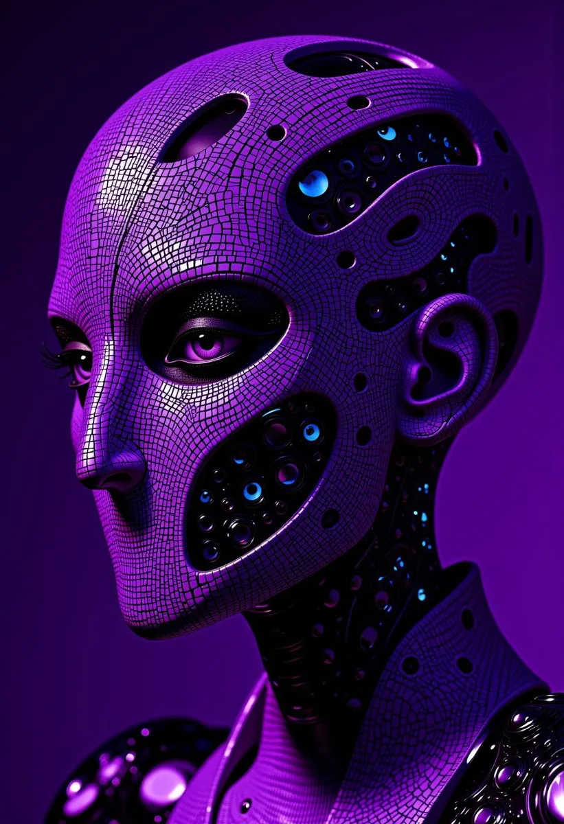 A futuristic female android with a purple circuit pattern skin and intricate mechanical details under purple lighting.