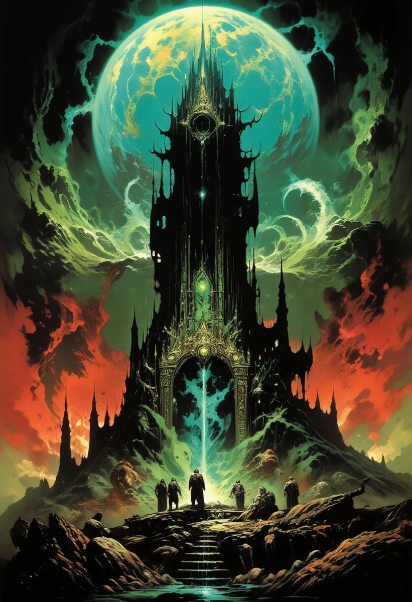 A towering dark gothic tower with mystical glowing entrances stands against a surreal apocalyptic sky with a large glowing orb and fiery clouds, surrounded by rocky terrain and small silhouetted figures.