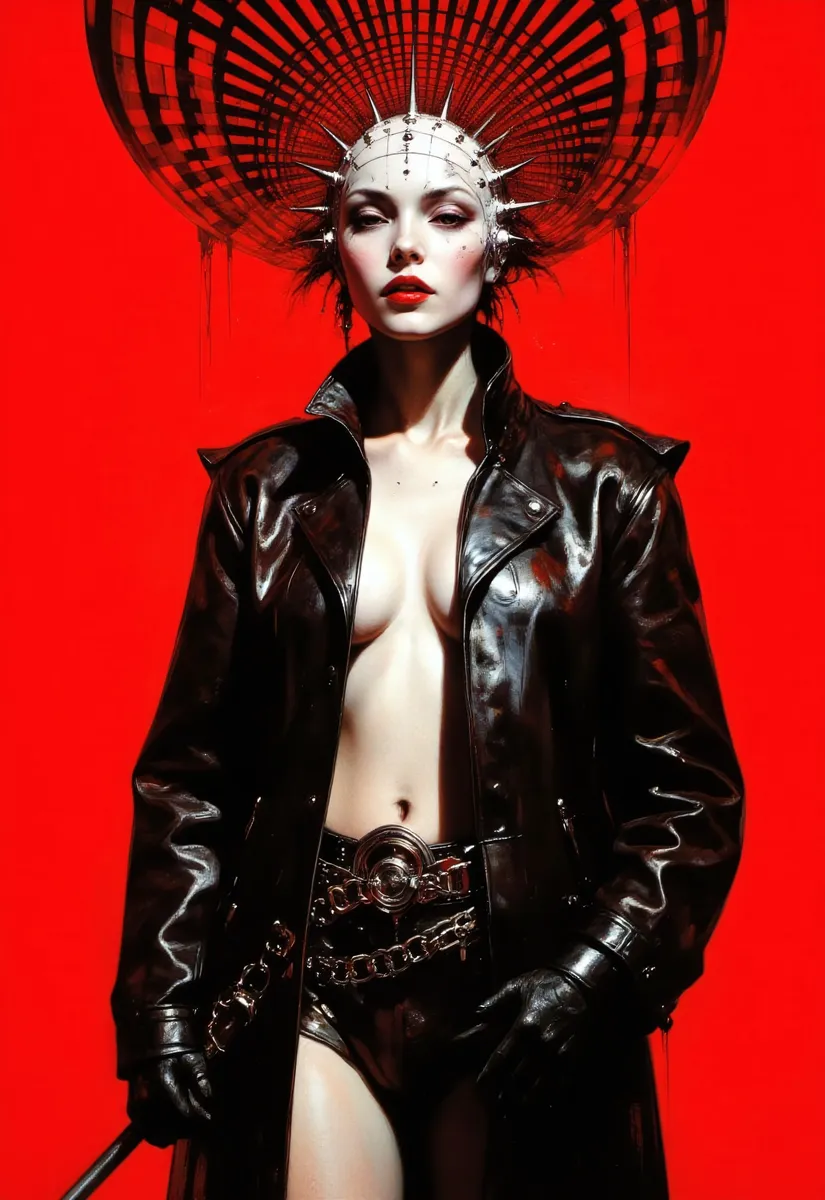 A striking portrait of a figure wearing a glossy black leather coat and gloves, a dramatic white spiked mask, set against a vibrant red background with surreal black and white optical illusion lines.