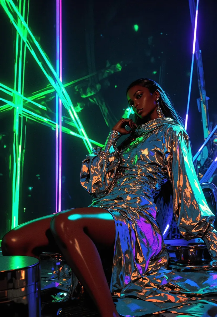 Dark-skinned woman posing in a shimmering, metallic dress under neon green and blue lights, creating a futuristic and high-contrast setting.