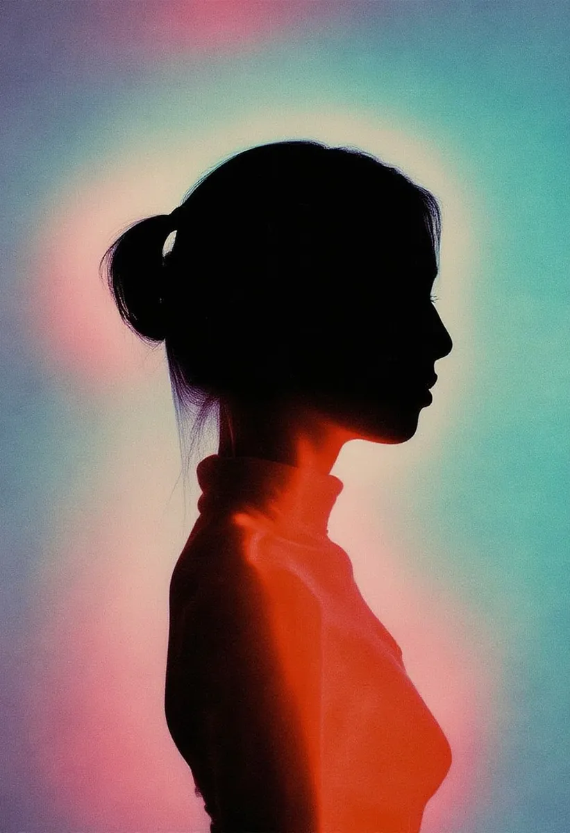 A silhouette of a girl with hair in a bun, glowing with a spectral gradient background featuring chromatic grain, light leak, and prism effects creating a melancholic and retro-cute atmosphere.