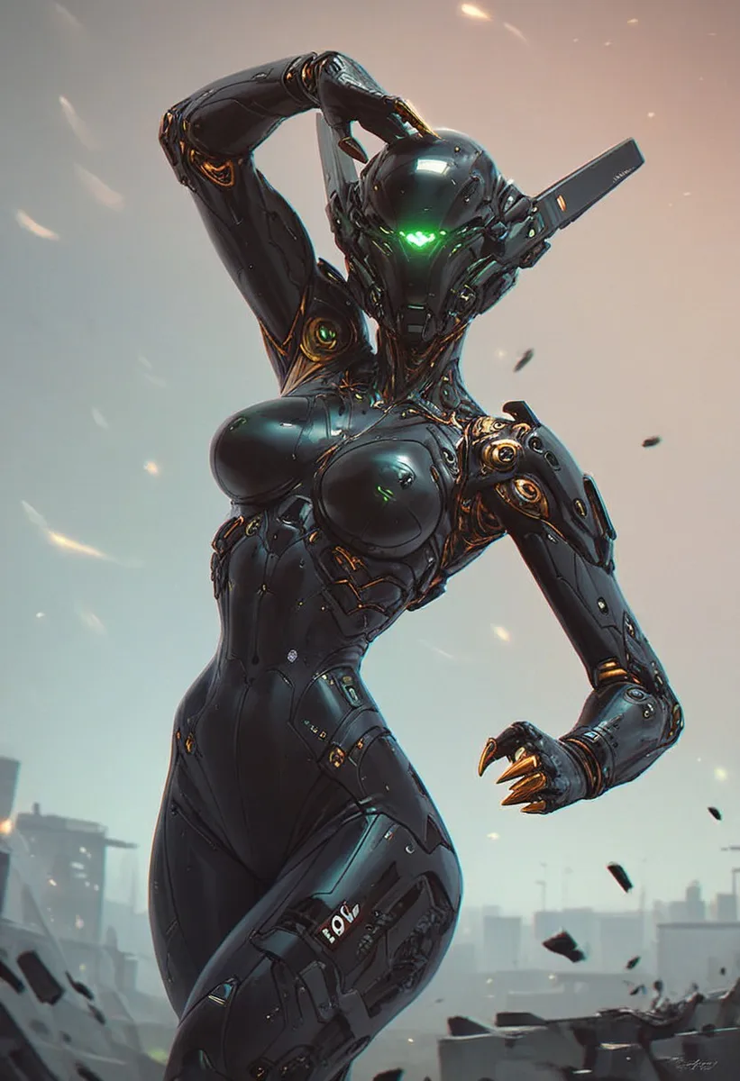 Futuristic cybernetic female robot wearing a sleek black bodysuit and gold claws, with an advanced cyberpunk demon helmet and tactical exosuit armor.