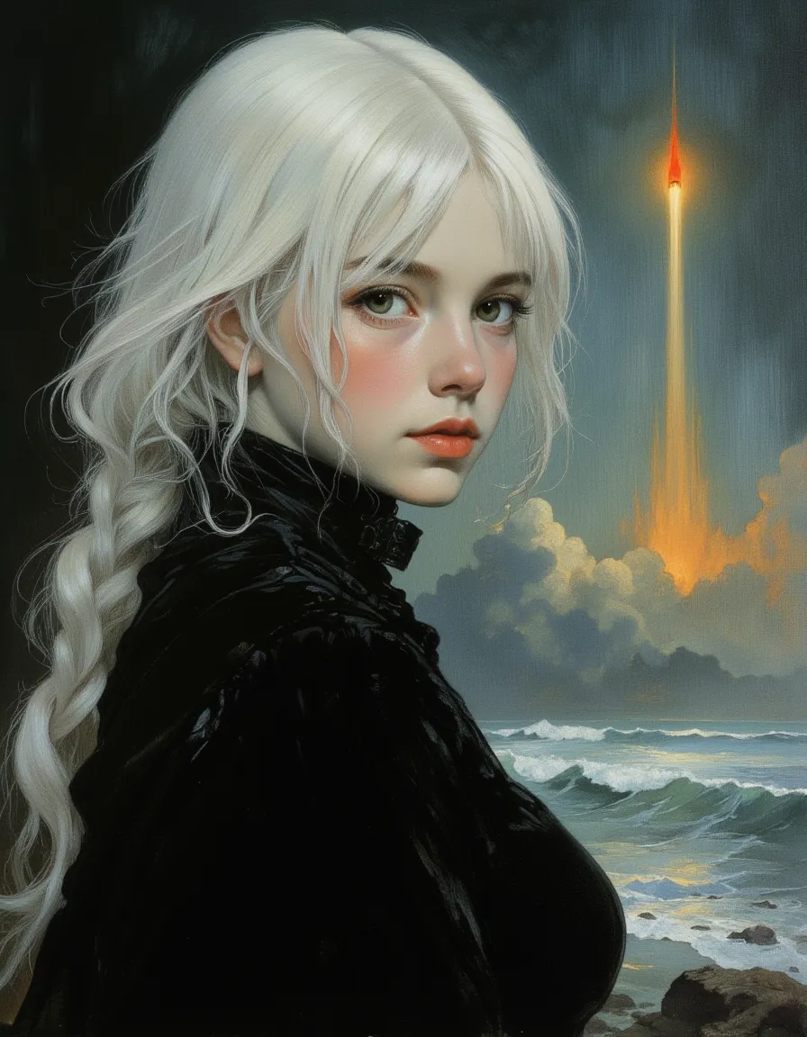 Hyper-realistic oil painting of an albino girl with white hair and green eyes, wearing a futuristic black dress, set against a dramatic spaceship launch background.
