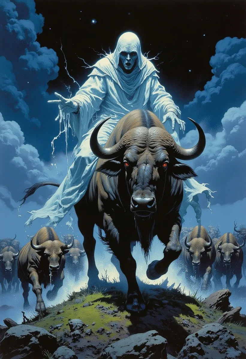 A ghostly, transparent specter in white robes rides a large anxious buffalo with red eyes, leading a stampede of buffalos under a dramatic night sky in a comic book style digital painting.