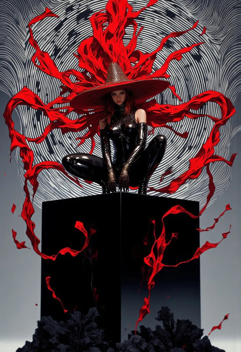 Woman in a sleek black bodysuit squatting on a glossy black reflective cube, wearing a striking red hat with flowing red ribbons against a black-and-white optical illusion backdrop.