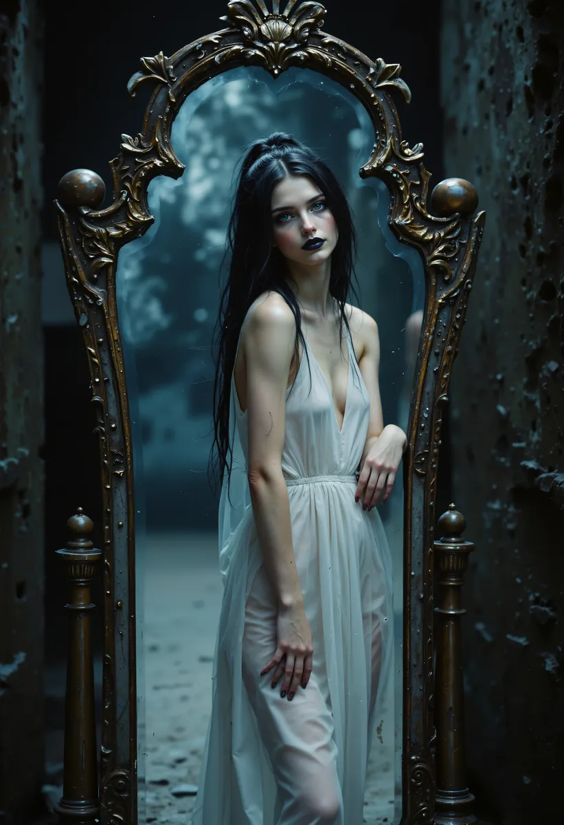 A goth girl with long black hair and black lipstick stands inside an ornate ancient mirror frame in a ruined dungeon, wearing a translucent white night gown, with dark and misty dungeon background.