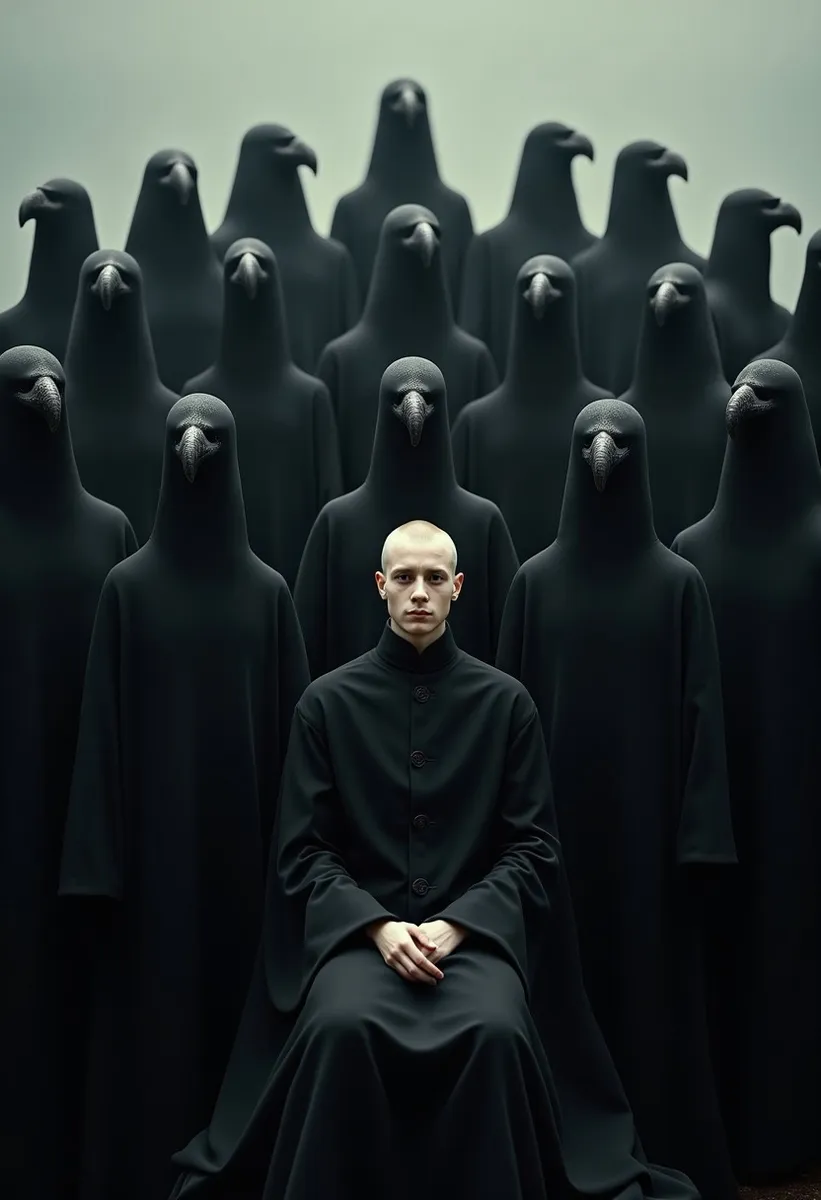 Surreal gathering of black-robed figures with bird-like heads in a tiered formation behind a pale, serene human figure seated in soft, ambient lighting.