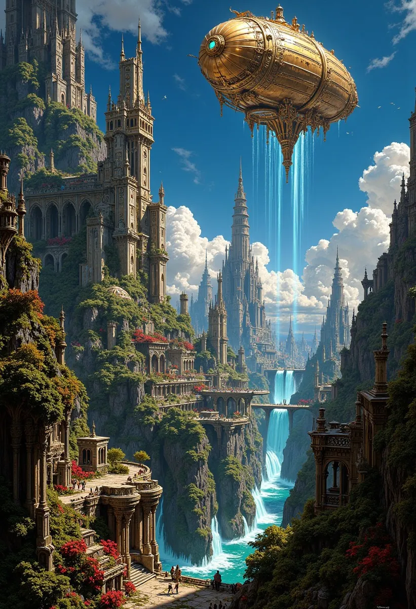 A vibrant aetherpunk cityscape with towering spires covered in vines and moss, cascading waterfalls, and a large golden airship hovering in the bright blue sky.