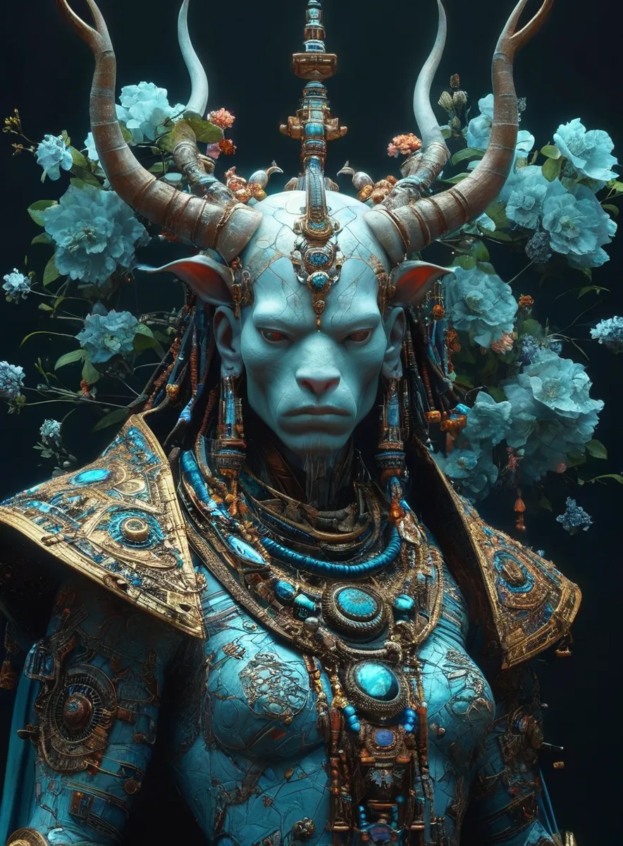 Futuristic digital shaman with blue skin and large horns, adorned with ornate gold and turquoise jewelry and armor, set against a dark background with blue flowers.