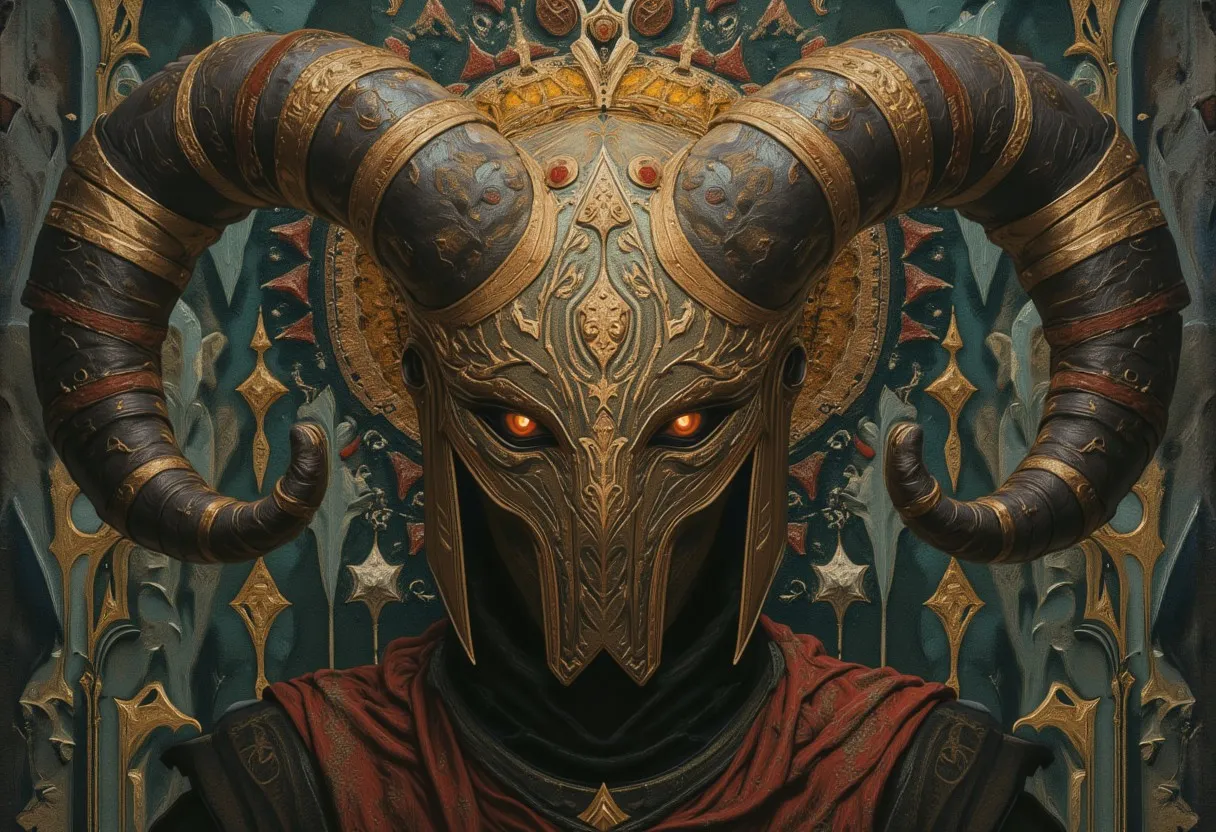 Mystical figure wearing an ornate horned helmet with golden intricate patterns and glowing orange eyes, set against a background of esoteric fantasy symbols.