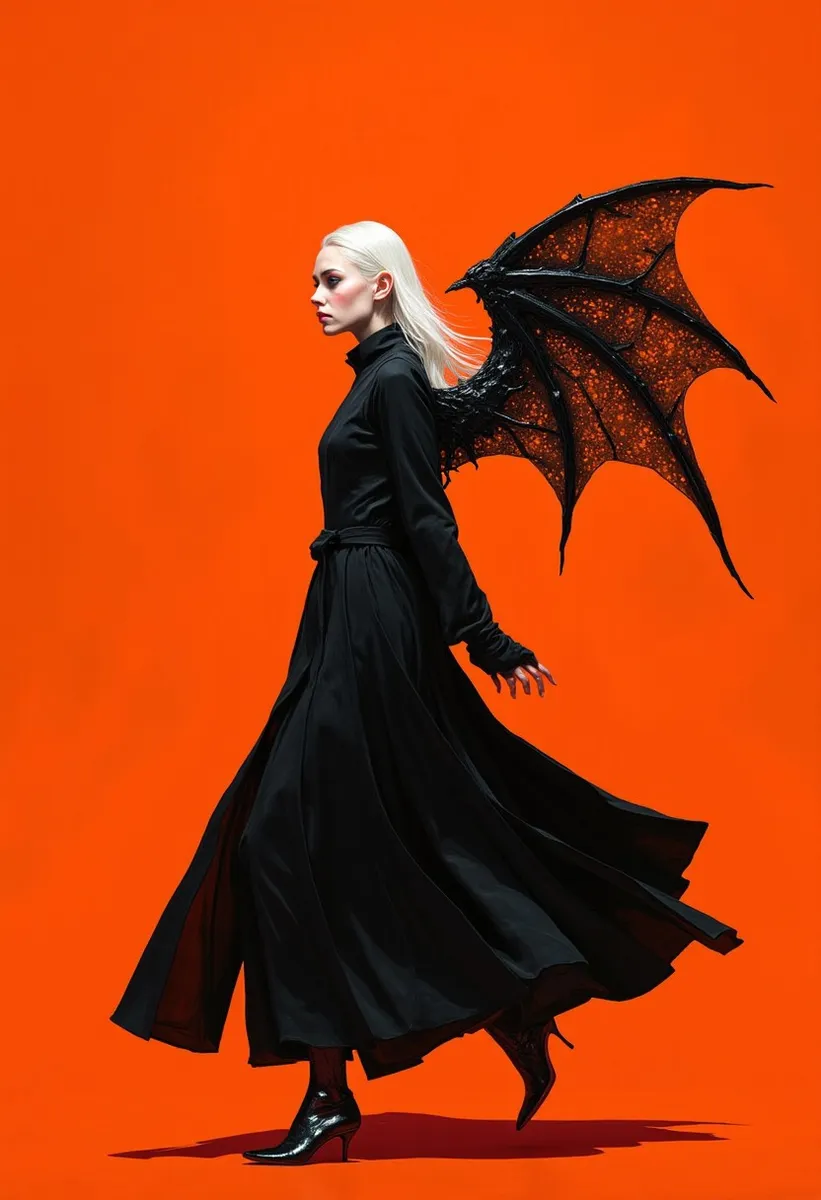 A hyper-realistic digital artwork of a gothic woman with platinum blonde hair wearing a flowing black gown and metallic bat wings, walking against an orange background.