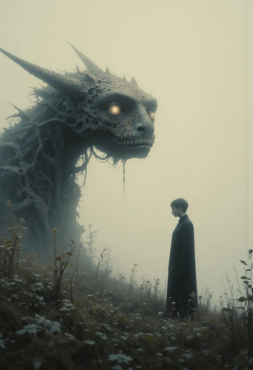 A surreal foggy landscape scene showing a large monster with glowing eyes and textured skin facing a solitary human figure in dark clothing, bathed in soft diffused light.