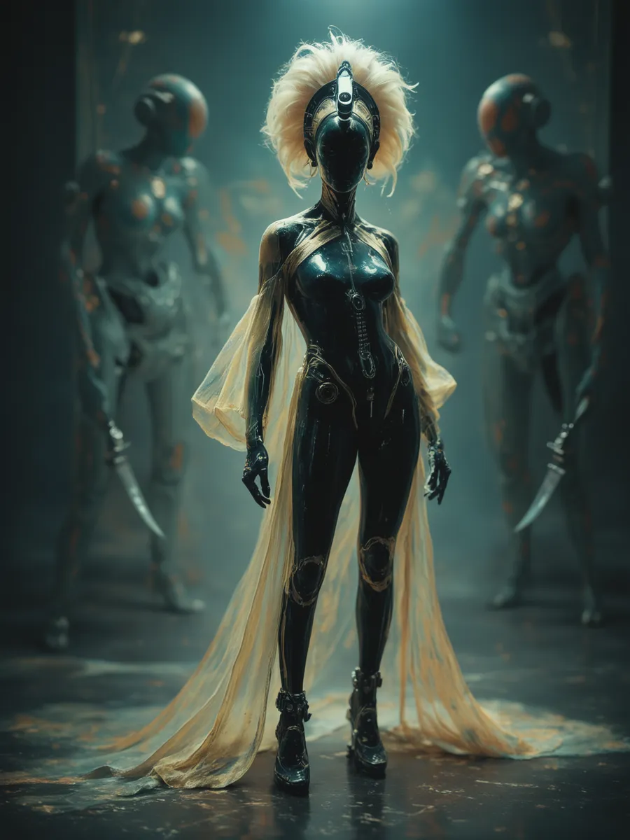 A futuristic cybergoth alien female figure in a sleek black bodysuit with golden flowing cape and large headpiece, standing confidently with two shadowy figures behind.