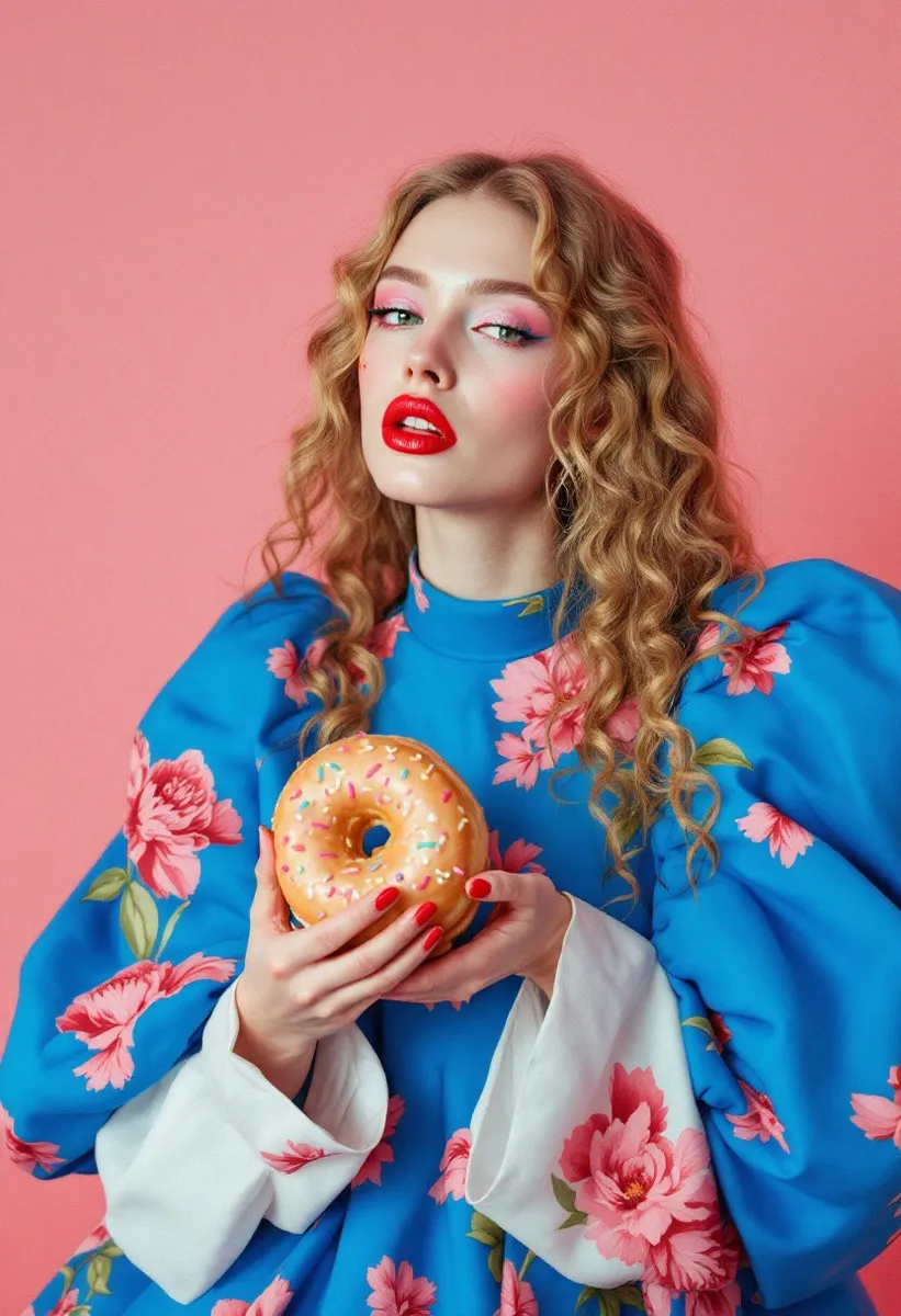 Model with long blond curly hair and bold red lipstick wearing a royal-blue dress with pink floral print, puffy shoulders, white sleeves, holding a doughnut against pale red background.