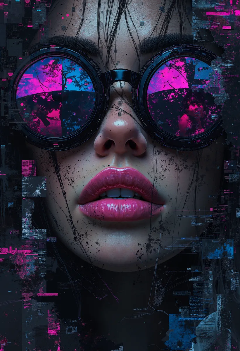 Close-up digital portrait of a young woman with reflective, round sunglasses showing pink and blue abstract reflections, set against a dark glitch art background.