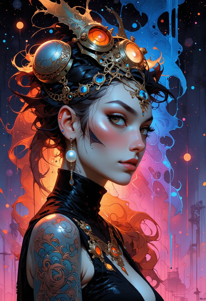 Hyper-detailed portrait of an anthropomorphic woman with a pearl earring, adorned with ornate celestial jewelry and tattoos, set against a vibrant galaxy-inspired background with epic lighting.