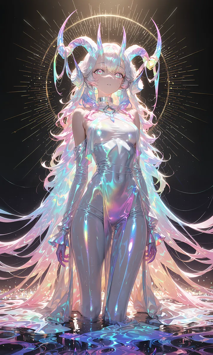 A female character with multicolored eyes and complex holographic horns, dressed in a shiny form-fitting outfit with gradient colors, illuminated by volumetric lighting against a dark background.