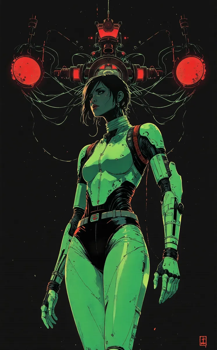 Highly detailed digital illustration of a futuristic woman wearing a bright green cybernetic suit with robotic arms and legs, standing against a dark background with red mechanical elements.