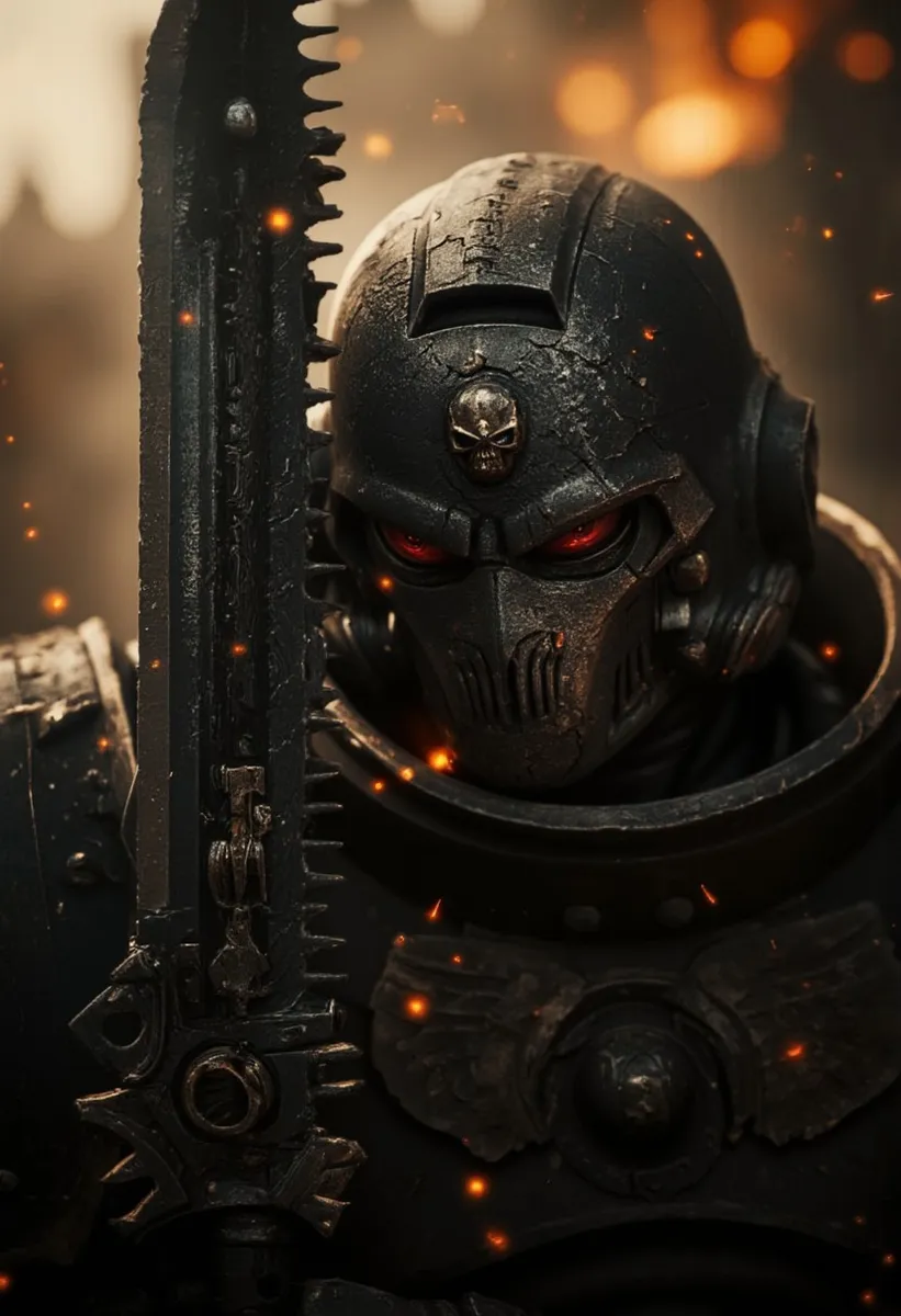 Close-up of a Space Marine from Warhammer 40k holding a large chainsword next to his battle-worn helmet with red glowing eyes, surrounded by smoke, embers, and dim explosive light.