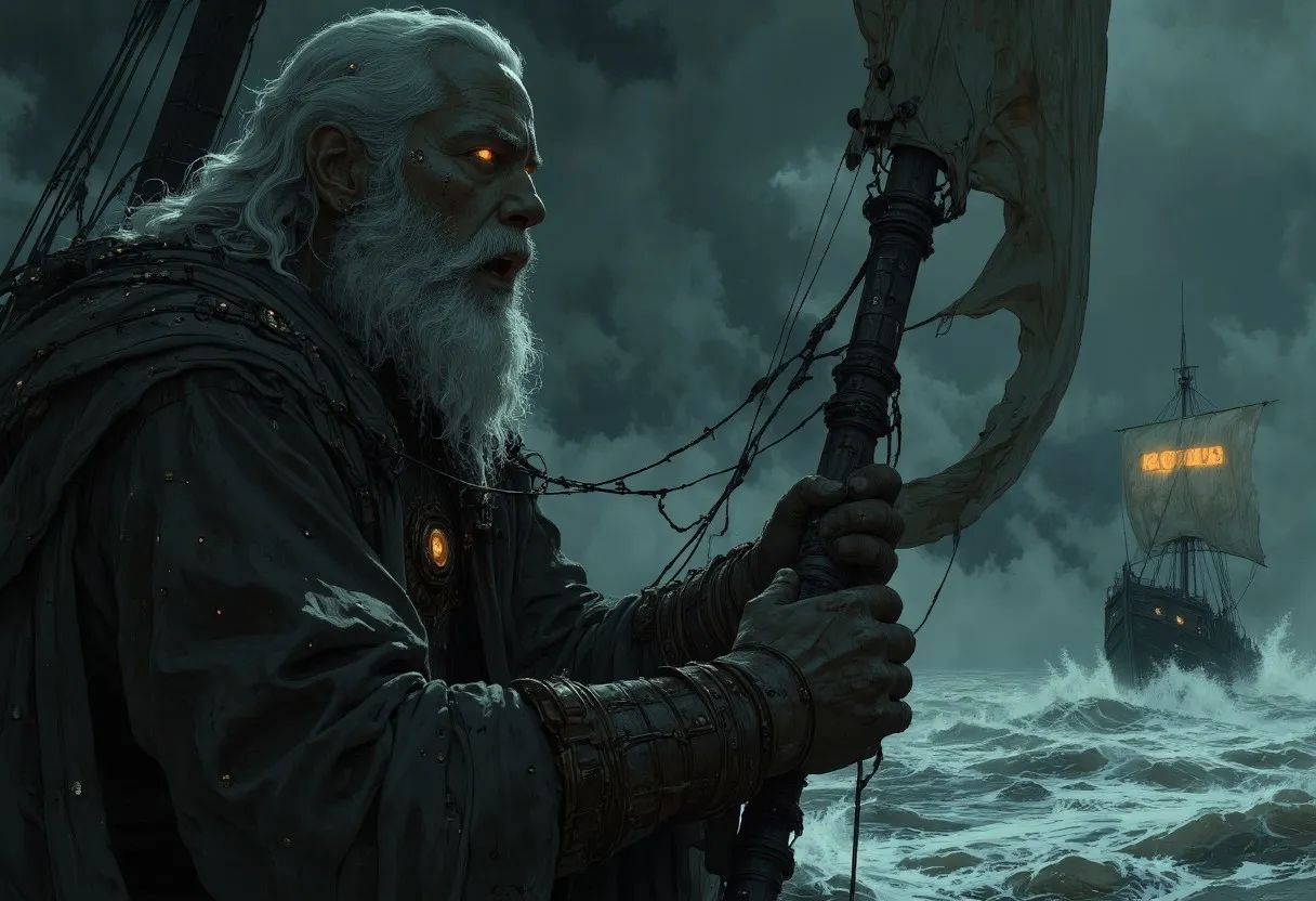 A bearded Viking grips the prow of a Viking ship in a dark, foggy sea, calling out fervently to Odin with glowing eyes and armor, amidst stormy waves and thick mist.