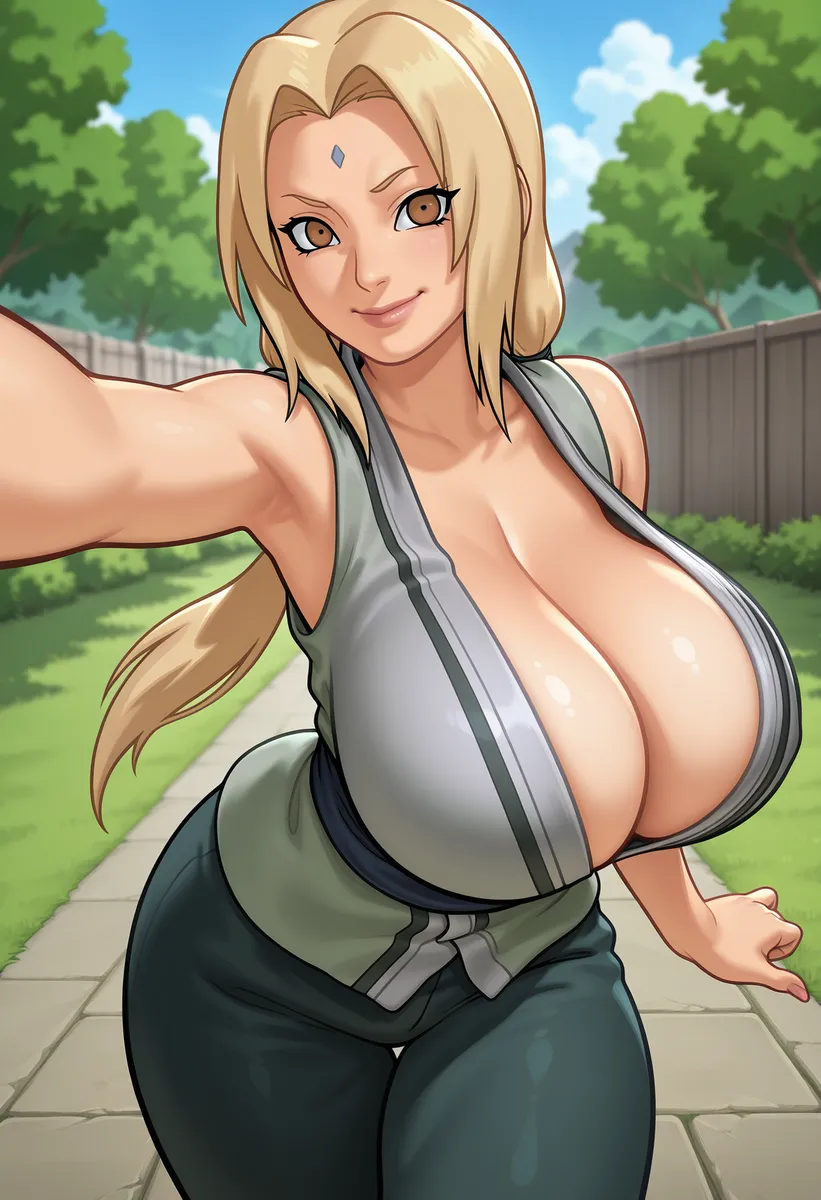 Anime-style portrayal of Tsunade with huge breasts, wearing a sleeveless shirt and pants, smiling and extending her arm outdoors with trees and fence in background.