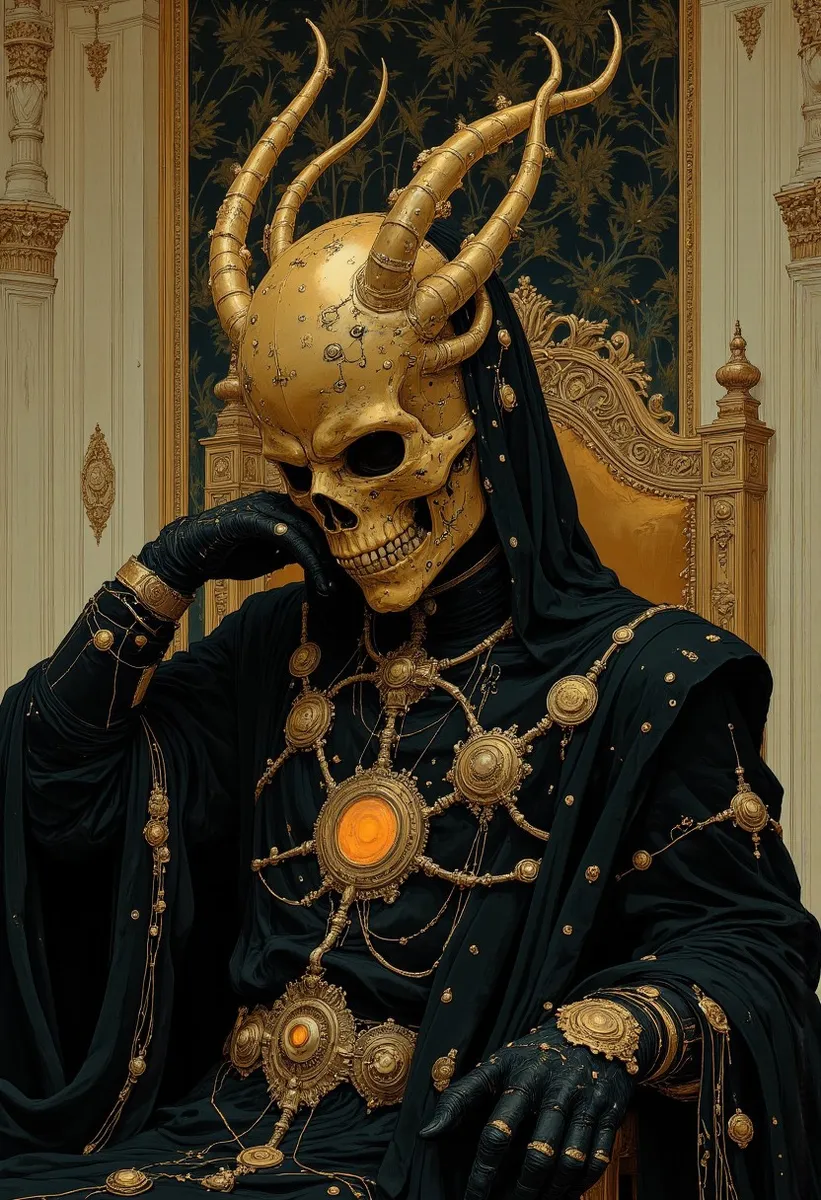 A king wearing an elaborate golden skull mask sits regally on an ornate golden throne, dressed in black with intricate golden decorations, in a lavishly decorated throne room.